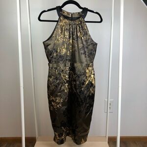 TAHARI Gold and Black Floral Halter Style Dress Size: 6